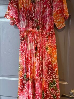 Floral Pink Orange Midi Dress - Lightweight Pleated Summer Dress